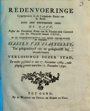 Redenvoeringe Uytgesproken in de Cathedrale Kerke van St. Baefs