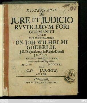 Dissertatio De Jure Et Judicio Rvsticorvm Fori Germanici