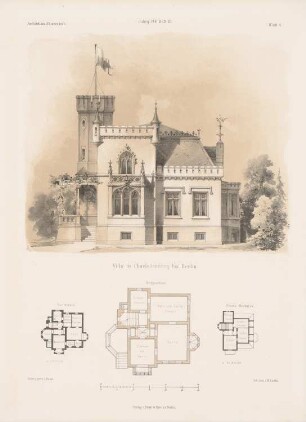 Villa, Berlin-Charlottenburg: Grundrisse, Ansicht (aus: Architektonisches Skizzenbuch, H. 104/4, 1870)