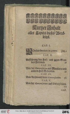 Kurtzer Inhalt aller Capitel dieses Werckleins