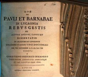 De Pavli Et Barnabae In Lycaonia Rebvs Gestis, Ex Actvvm Apostol. Capite XIV Dissertatio