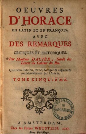 Oeuvres d'Horace : en latin et en français, 5