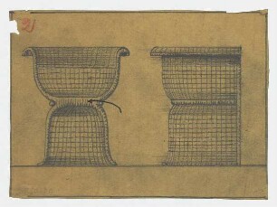 Entwurf eines Korbsitzmöbels : Vorder- und Seitenansicht eines Korbsessels, Entwurf 2, Variante 1