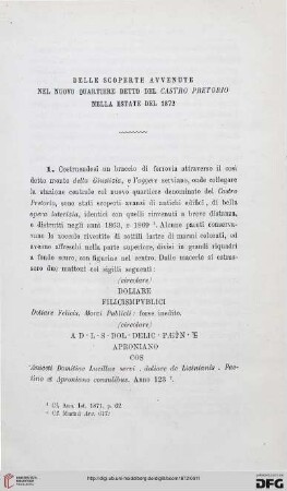 1: Delle scoperte avvenute nel nuovo quartiere detto del Castro Pretorio nella estate del 1872