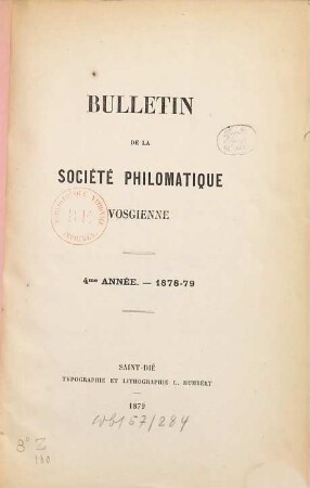 Bulletin de la Société Philomatique Vosgienne. 4. 1878/79