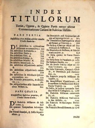 Thesaurus Sacrorum Rituum, 1,2. Complectens III. IV. et V. nempe ultimam partem Commentariorum Gavanti ad Rubricas Missalis : Cum Indicibus Decretorum, Verborum, & Rerum Notabilium, quae continentur in toto hoc Primo Tomo