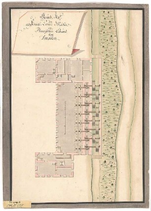 Grundriss der Königl. Kammermühle im Plauenschen Grund bei Dresden, Handzeichnung, um 1750 : Dresden, Plauen, königliche Kammermühle, Grundriss, unbekannter Zeichner, 18. Jh. Feder, Pinsel in Wasserfarbe/Papier. 51,2 x 36,7 cm. Bez.: "Grund=Riss der Königl. Cammer Mühle im Plauischen Grund bey Dresden" und "9.)" (Bleistift, sekundär).