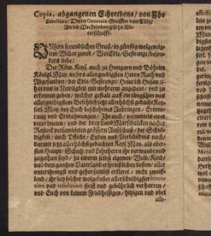 Copia, abgangenen Schreibens, von Ihr Excellenz, Herrn Generaln Graffen von Tilly, an die Meckelnburgische Ritterschafft.