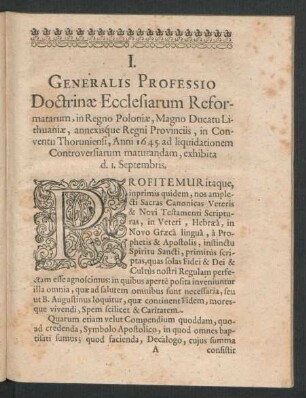 I. Generalis Professio Doctrinae Ecclesiarum Reformatarum, in Regno Poloniae, Magno Ducatu Lithuaniae, annexisque Regni Provinciis, in Conventu Thoruniensi, Anni 1645 ...