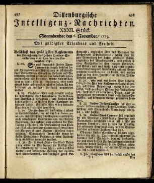 XXXII. Stück. Sonnabends: den 6. November / 1773.