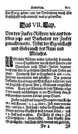 Das VII. Kap. - Von den Zucker-Röhren, wie aus denselben jetzo auf Barbados der Zucker gemacht werde. Nebst der Eigenschafft und Gebrauch des Rum und Melasses.