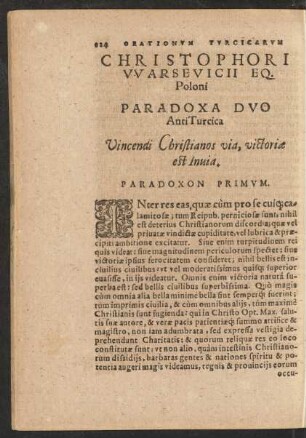 Christophori Warsevicii Eq. Poloni Paradoxa Duo AntiTurcica Vincendi Christianos via, victoriae est Invia. Paradoxon Primum.