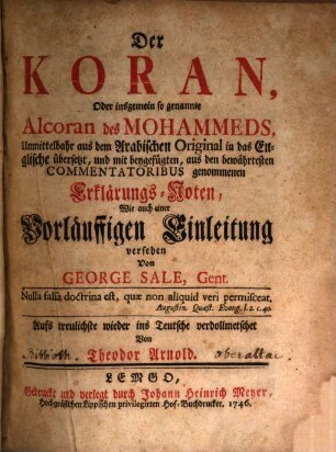 Der Koran, Oder insgemein so genannte Alcoran des Mohammeds