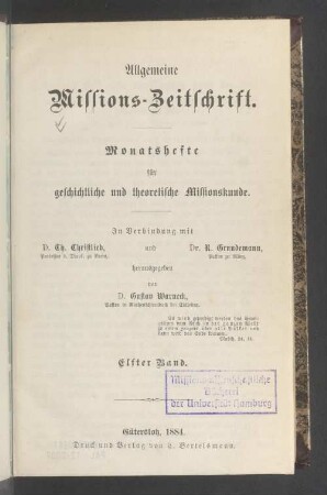 11.1884: Allgemeine Missions-Zeitschrift : Monatsh. für geschichtl. u. theoret. Missionskunde