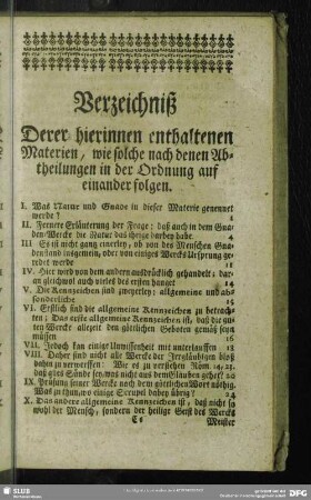 Verzeichniß Derer hierinnen enthaltenen Materien, wie solche nach denen Abtheilungen in der Ordnung auf einander folgen