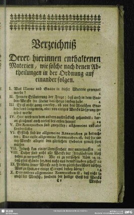 Verzeichniß Derer hierinnen enthaltenen Materien, wie solche nach denen Abtheilungen in der Ordnung auf einander folgen