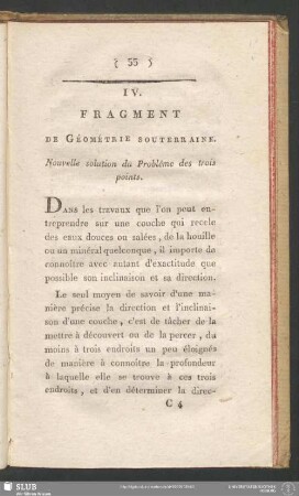 IV. Fragment De Géométrie Souterraine. Nouvelle solution du Probleme des trois points