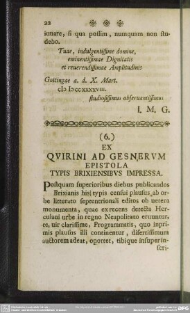 (6.) Ex Quirini Ad Gesnerum Epistola Typis Brixiensibus Impressa