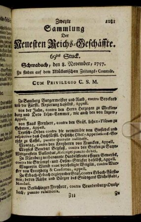 69tes Stuck. Schwabach, den 8. November, 1757.