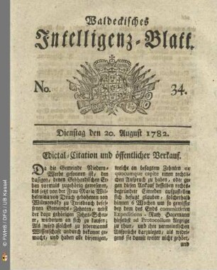 No. 34, Dienstag den 20. August 1782