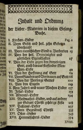 Inhalt und Ordnung der Lieder-Materien in diesem Gesang-Buche.