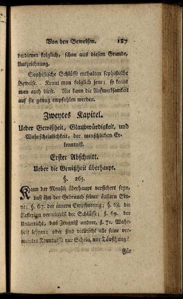 Zweytes Kapitel. Ueber Gewißheit, Glaubwürdigkeit, und Wahrscheinlichkeit, der menschlichen Erkenntniß