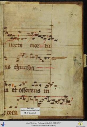 [Hinterer Spiegel] Graduale mit römischer Choralnotation auf 5 Linien; Offertorium: "Stetit pontifex iuxta mortuos …" Aus der Missa pro vitanda mortalitate vel tempore pestilentiae (Pergamenths. des 15. Jhs.).