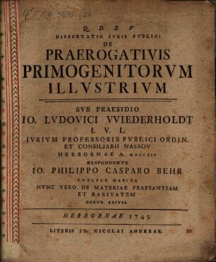 Dissertatio Ivris Pvblici de Praerogativis Primogenitorvm Illvstrivm
