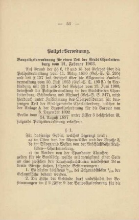 Polizei-Verordnung. Baupolizeiverordnung für einen Teil der Stadt Charlottenburg vom 21. Februar 1903