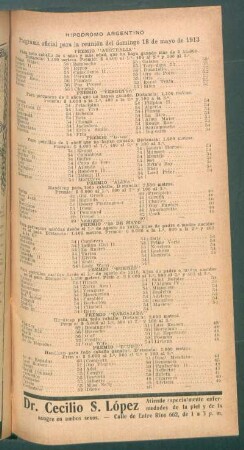 Hipódromo Argentino - Programa oficial para la reunión del domingo 18 de mayo de 1913