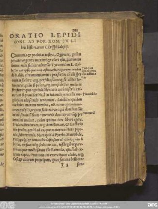 Oratio Lepidi Cons. Ad Pop. Rom. Ex Libris historiarum C. Crispi Salustii.