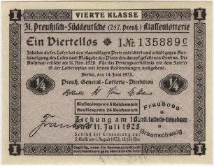 6 Reichsmark / 24 Reichsmark - ¼ Los, 4. Klasse