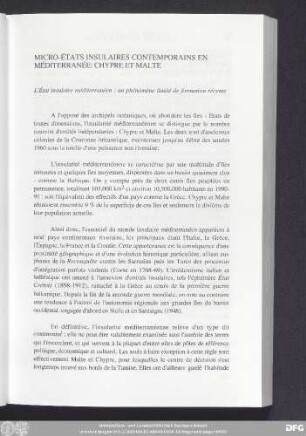 Micro-États Insulaires Contemporains En Méditerranée: Chypre Et Malte
