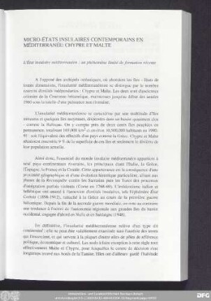 Micro-États Insulaires Contemporains En Méditerranée: Chypre Et Malte