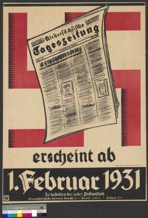 Werbeplakat zur Neuerscheinung der nationalsozialistischen Tageszeitung "Niedersächsische Tageszeitung" am 1. Februar 1931