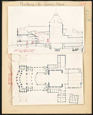Stadttheater, Freiburg: Grundriss und Längsschnitt