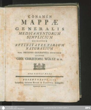 Conamen Mappæ Generalis Medicamentorum Simplicium Secundum Affinitates Virium Naturalium Nova Methodo Geographica Dispositorum