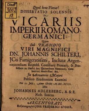 Dissertatio solennis de vicariis Imperii Romano-Germanici