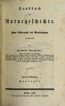 Handbuch der Naturgeschichte : zum Gebrauch bei Vorlesungen. 2, Zoologie
