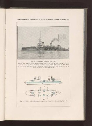 Fig. 196 Französisches Linienschiff "Masséna" Fig. 197 Panzer- und Artillerieanordnung auf dem französischen Linienschiff "Masséna"