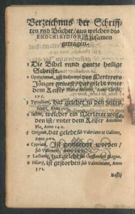Verzeichnus der Schrifften und Bücher/ aus welchen dis Endchiridion ist zusamen getragen.