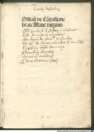 Officium de compassione beatae Mariae virginis : mit Brief an den Klerus von Ludwig von Helmstadt, Bischof von Speyer, 10.2.1491
