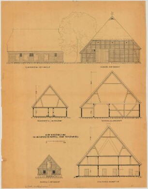 Hohen Schönberg (Kreis Schönberg): Hof Schönbohm. - Schweinestall (Südansicht, Querschnitt). - Scheune (Südansicht, Querschnitt). - Backhaus (Ostansicht). Haupthaus (Querschnitt)