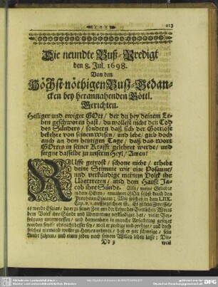 Die neundte Buß-Predigt den 8. Jul. 1698. Von den Höchst-nöthigen Buß-gedanken bey herannahenden Göttl. Gerichten