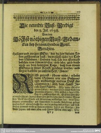 Die neundte Buß-Predigt den 8. Jul. 1698. Von den Höchst-nöthigen Buß-gedanken bey herannahenden Göttl. Gerichten