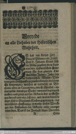 Vorrede an alle Liebhaber der Historischen Wahrheit