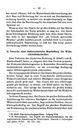 b) Versuche einer transzendentalen Begründung der Wahrscheinlichkeitssätze. (Zilsel, Reichenbach.)