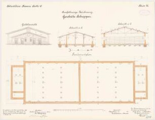 Feldartilleriekaserne, Halle/Saale: Geschützschuppen: Grundriss Fundamente, Aufriss Giebelansicht, Querschnitte 1:100