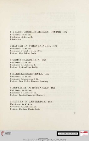 [Katalog der ausgestellten Werke]