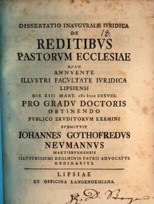 Dissertatio Inavgvralis Ivridica De Reditibvs Pastorvm Ecclesiae